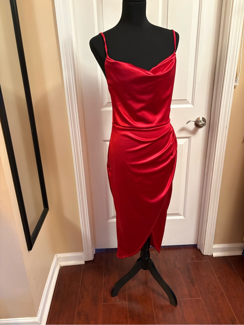 Red Satin Backless Cowl Neck Midi Dress - Women